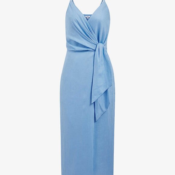 New REISS Esme Blue Linen Side Tie Cross Over Dress US 4 - Picture 7 of 8